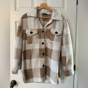 SHEIN Checkered Teddy Jacket - Brown and Cream